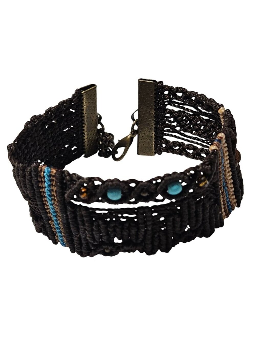 Handwoven Bracelet Brown Macrame Blue Beads Metal Chain Closure Adjustable